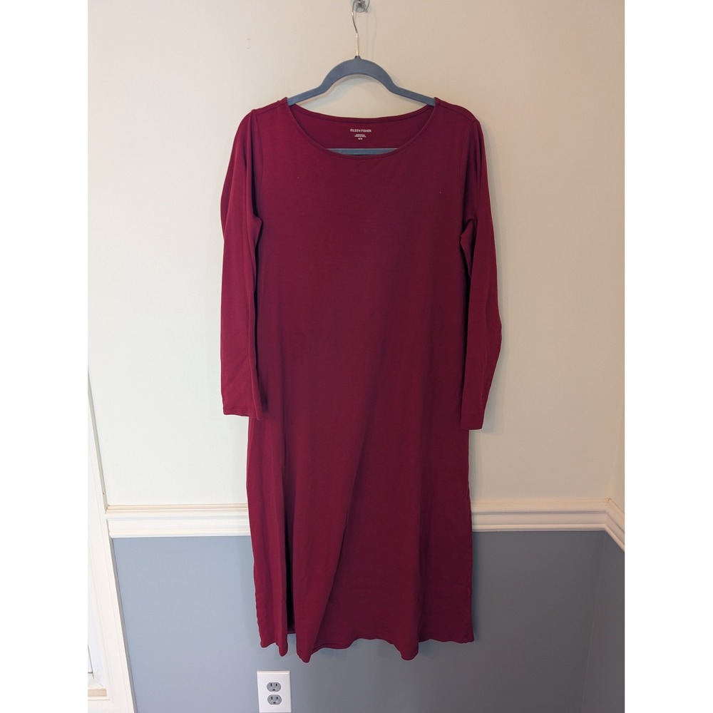 Eileen Fisher Long Sleeve Scoop Neck Jersey Midi Dress Womens Medium dark red